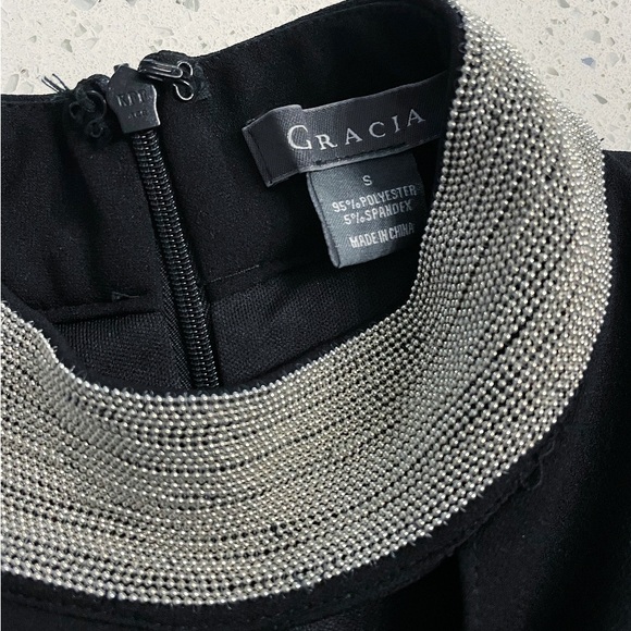 Gracia Black Sleeveless Dress Small Silver Embellished Collar Lined A-Line - Picture 6 of 8